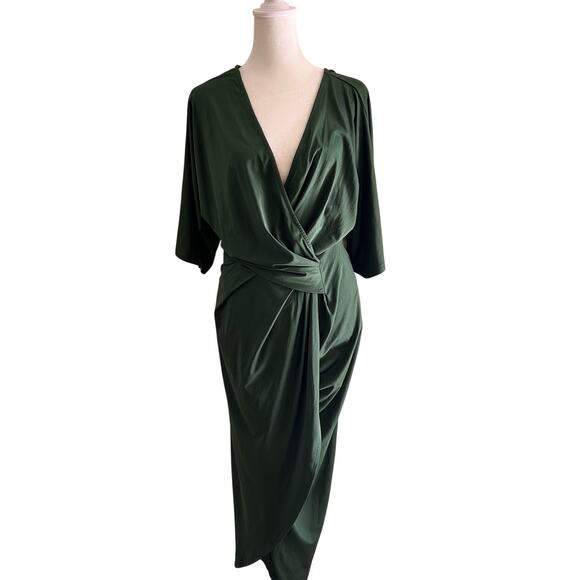 Baltic Born Dress Midi Faux Wrap Front Slit SZL Green Stretch - Picture 1 of 10